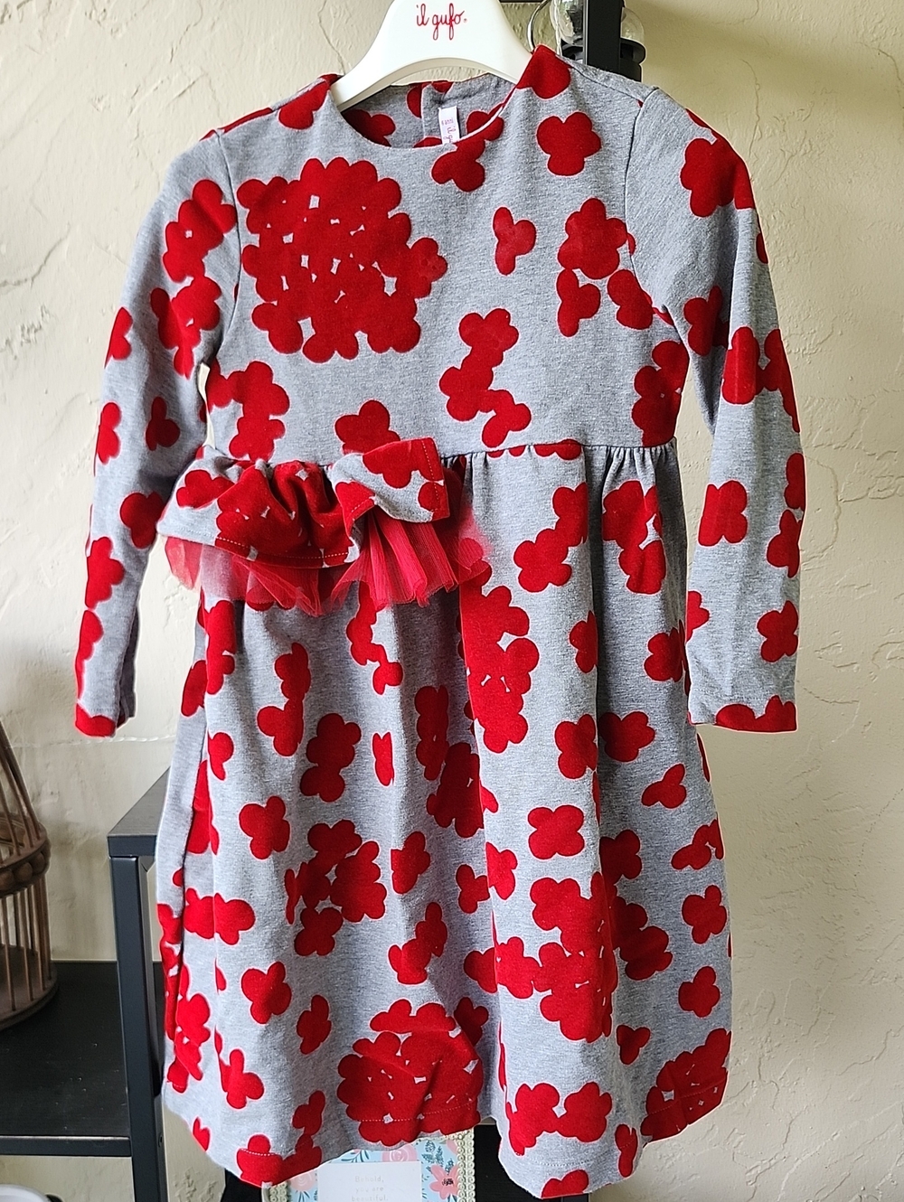 Il Gufo Gray Dress with Red Floral Appliqués and Bow